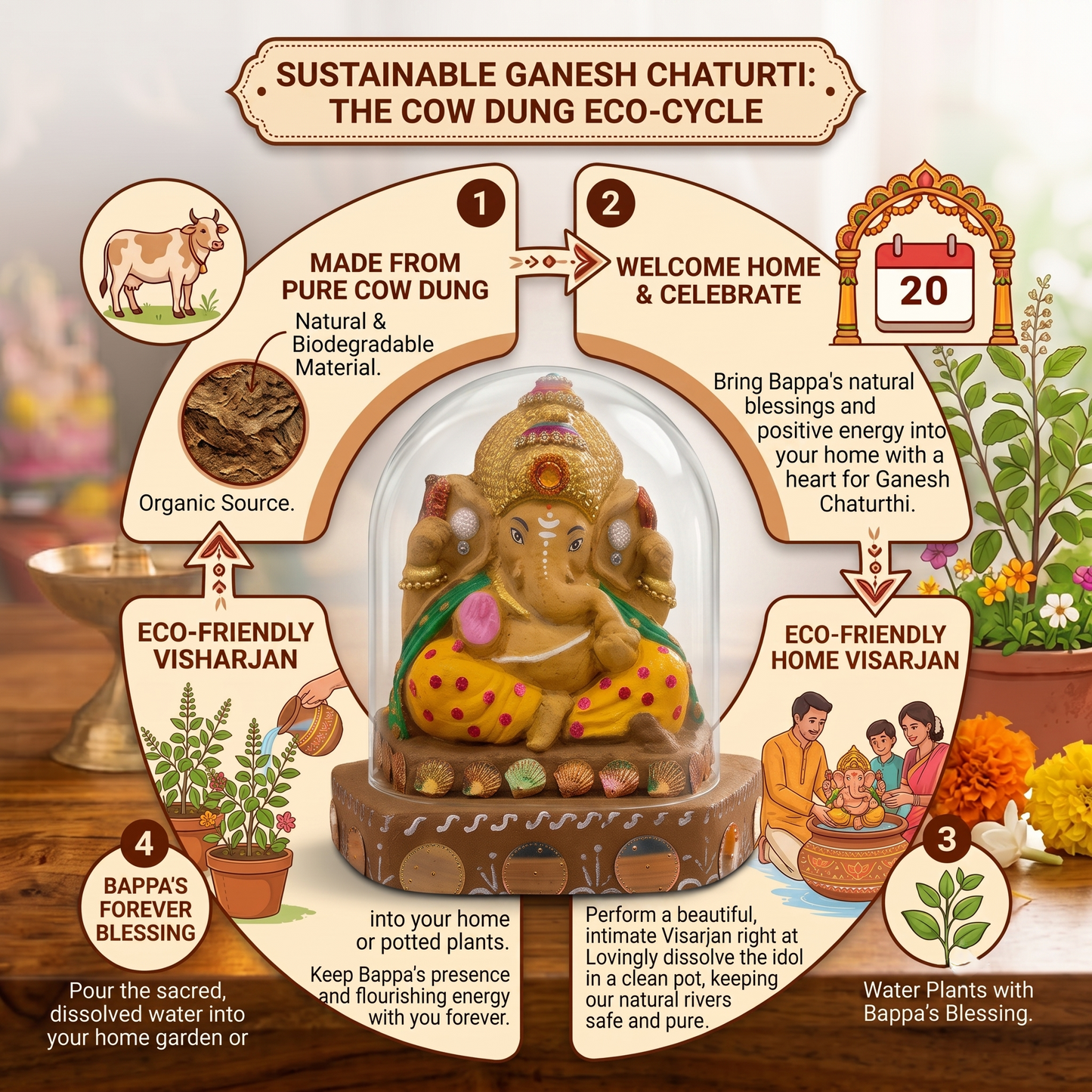Eco-Friendly Pure Cow Dung Ganesha Idol (Gobar Ganesh) | 100% Biodegradable for Home Visarjan